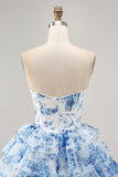 Robe de bal imprimée à paillettes a-ligne fleurs bleues blanches