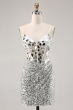 Corset argent col V moulant miroir Homecoming Dress