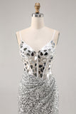 Corset argent col V moulant miroir Homecoming Dress