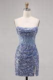 Corset gris bleu moulante paillettes Homecoming Dress