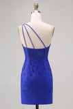 Robe moulante moulante perlée à une épaule bleu royal