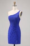 Robe moulante moulante perlée à une épaule bleu royal
