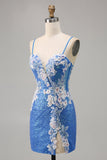 Robe moulante à sequins scintillants bleu fleuri