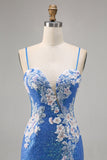 Robe moulante à sequins scintillants bleu fleuri
