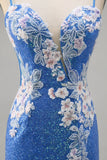 Robe moulante à sequins scintillants bleu fleuri