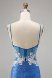 Robe moulante à sequins scintillants bleu fleuri