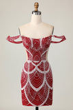 Robe de cocktail moulante rouge à épaules dénudées avec paillettes