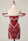 Robe de cocktail moulante rouge à épaules dénudées avec paillettes