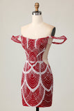 Robe moulante à épaules dénudées rouge à paillettes