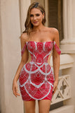 Robe de cocktail moulante rouge à épaules dénudées avec paillettes