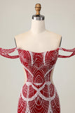 Robe moulante à épaules dénudées rouge à paillettes