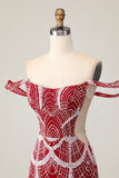 Robe moulante à épaules dénudées rouge à paillettes
