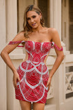 Robe de cocktail moulante rouge à épaules dénudées avec paillettes