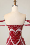 Robe moulante à épaules dénudées rouge à paillettes
