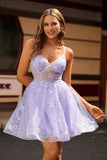 Robe De Cocktail à bretelles trapèze violette scintillante avec appliques
