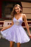 Robe De Cocktail à bretelles trapèze violette scintillante avec appliques