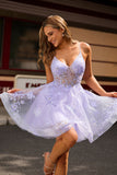 Robe De Cocktail à bretelles trapèze violette scintillante avec appliques