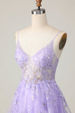 Robe de balle en tulle violet à une ligne avec appliques