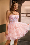 Robe De Cocktail corset rose à plusieurs niveaux avec paillettes