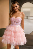Robe De Cocktail corset rose à plusieurs niveaux avec paillettes