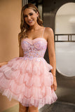 Robe De Cocktail corset rose à plusieurs niveaux avec paillettes