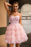 Robe De Cocktail corset rose à plusieurs niveaux avec paillettes