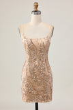 Robe moulante de retour à la maison à paillettes champagne scintillante avec perles