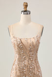 Robe moulante de retour à la maison à paillettes champagne scintillante avec perles
