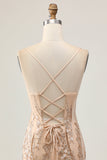 Robe moulante de retour à la maison à paillettes champagne scintillante avec perles