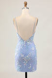 Robe moulante à paillettes florales bleu clair avec appliques