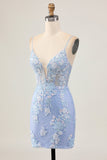 Robe moulante à paillettes florales bleu clair avec appliques