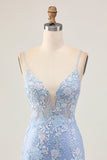 Robe moulante à paillettes florales bleu clair avec appliques