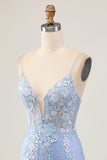 Robe moulante à paillettes florales bleu clair avec appliques