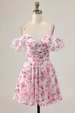 Rose Floral Une ligne épaule froide Robe courte de retour à la maison