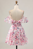 Rose Floral Une ligne épaule froide Robe courte de retour à la maison