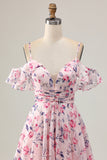 Rose Floral Une ligne épaule froide Robe courte de retour à la maison