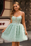 Robe de bal corset trapèze vert sauge avec appliques