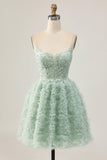 Robe de bal corset trapèze vert sauge avec appliques