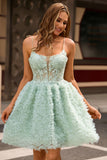 Vert sauge A-ligne spaghetti bretelles Corset Robe De Cocktail avec appliques