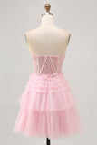 Robe de cocktail corset rose sans bretelles avec applique