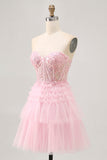 Robe de cocktail corset rose sans bretelles avec applique