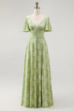Robe de demoiselle d’honneur à manches courtes Green Floral A Line