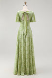 Robe de demoiselle d’honneur à manches courtes Green Floral A Line