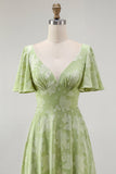 Robe de demoiselle d’honneur à manches courtes Green Floral A Line