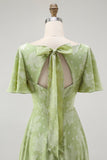 Robe de demoiselle d’honneur à manches courtes Green Floral A Line