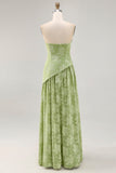Robe de demoiselle d’honneur imprimée vert sauge sans bretelles florale avec fente