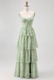 Dusty Sage A Line Corset Tiered Mousseline de soie Longue Robe de demoiselle d’honneur avec fente