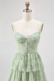 Dusty Sage A Line Corset Tiered Mousseline de soie Longue Robe de demoiselle d’honneur avec fente