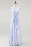 Bleu Floral Une ligne Col en V Mousseline de soie Longue Robe de demoiselle d’honneur avec fente