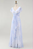 Bleu Floral Une ligne Col en V Mousseline de soie Longue Robe de demoiselle d’honneur avec fente